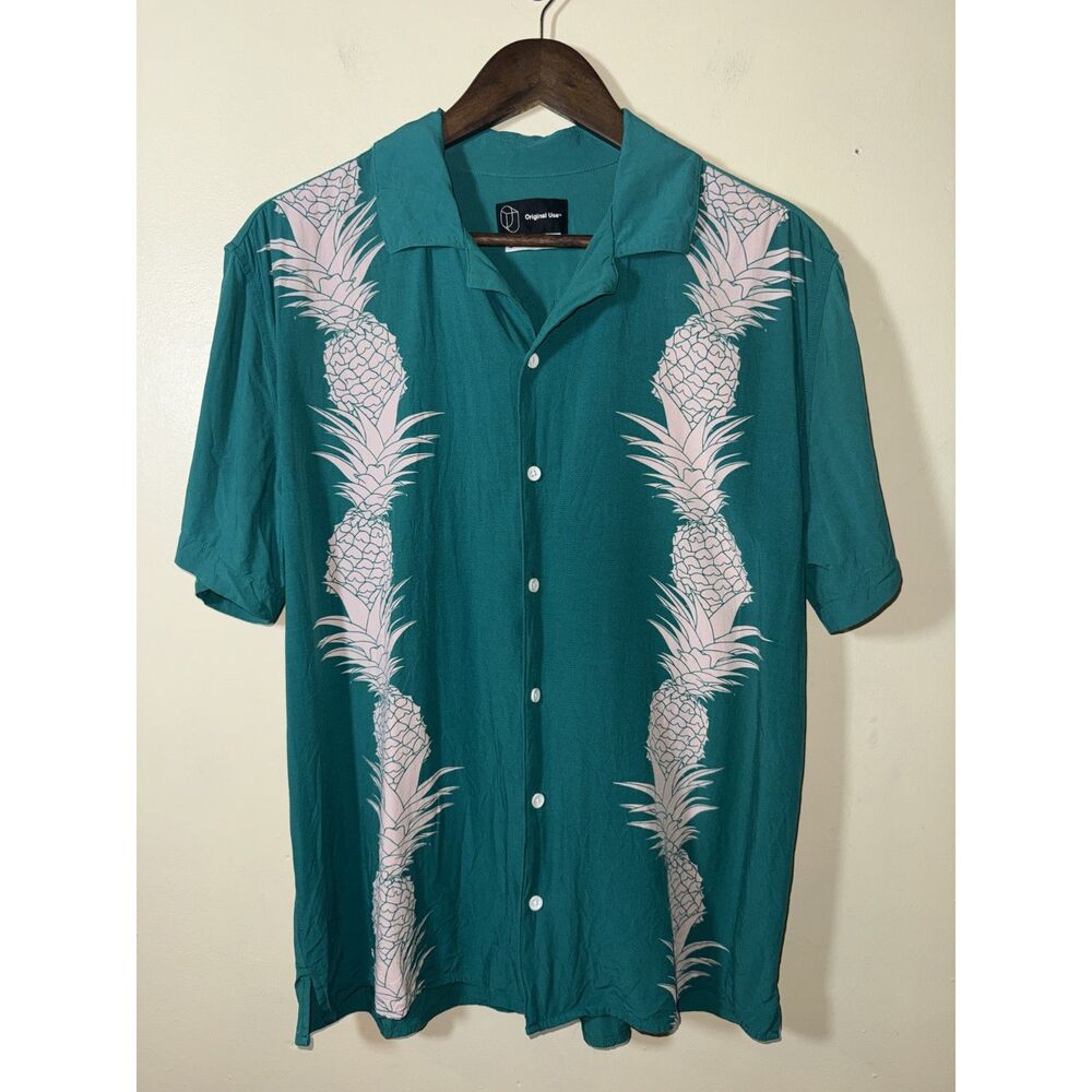 Original Use Hawaiian Shirt Pineapple Print Teal Button Up Men's Large